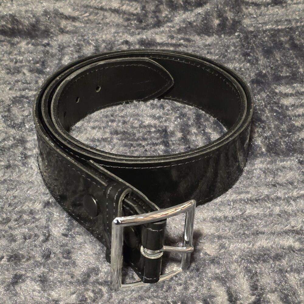 Boston Leather Patton Leather Belt 44 Black Heavy Duty Silver Buckle 1 5/8"